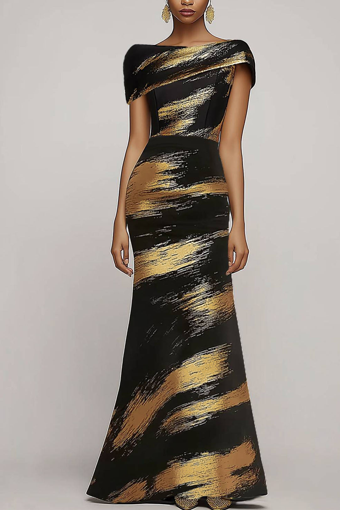 Evening Black Gold Dress Print Asymmetric Off-Shoulder Slim Dress