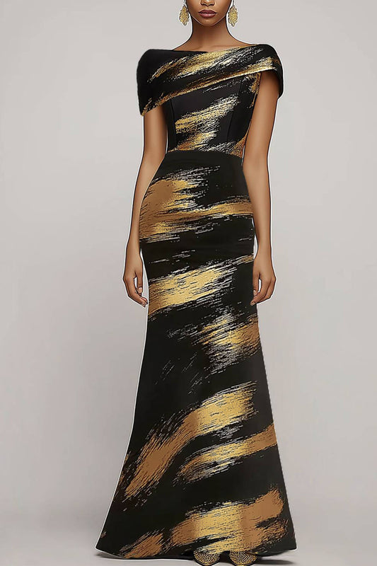 Evening Black Gold Dress Print Asymmetric Off-Shoulder Slim Dress