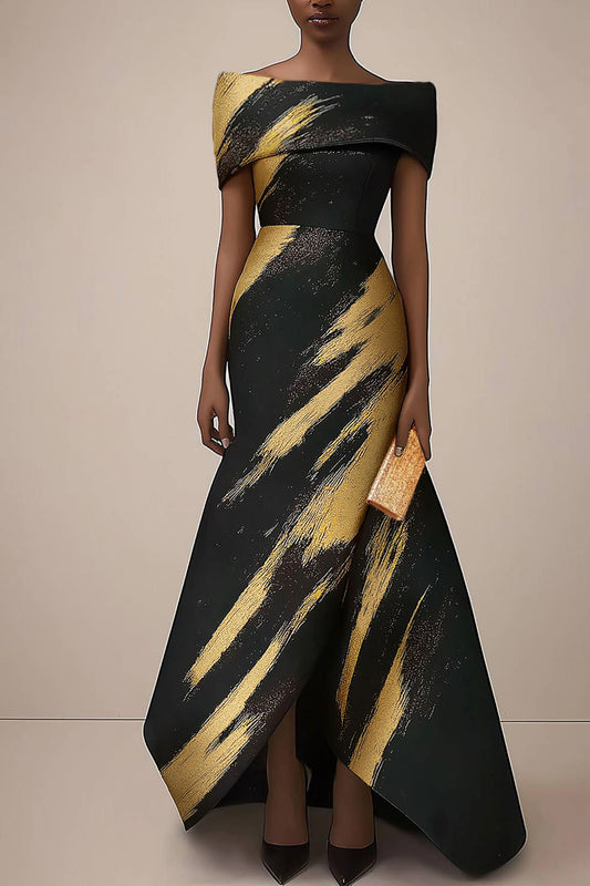 Formal Dress Black and Gold Print Off-Shoulder Midi Dress