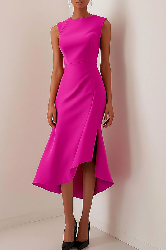Daily Party Dress Rose Red Crew Neck Slit Sleeveless Midi Dress