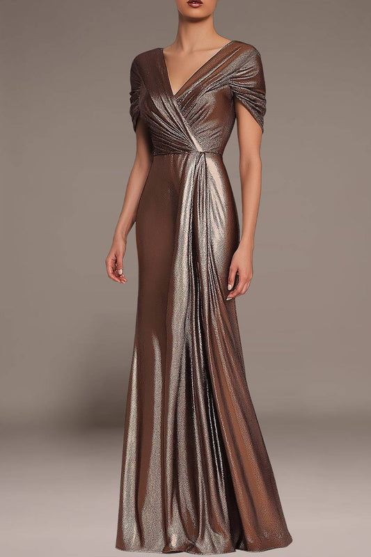 Evening Party Metallic Dress Elastic Pleated Design V-neck Maxi Dress