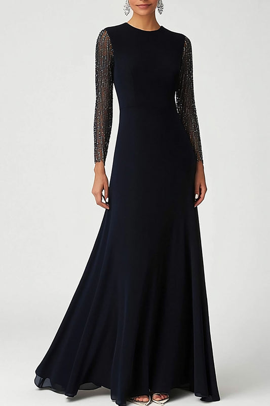 Elegant Evening Black Dress Shiny Long Sleeve Maxi Dress