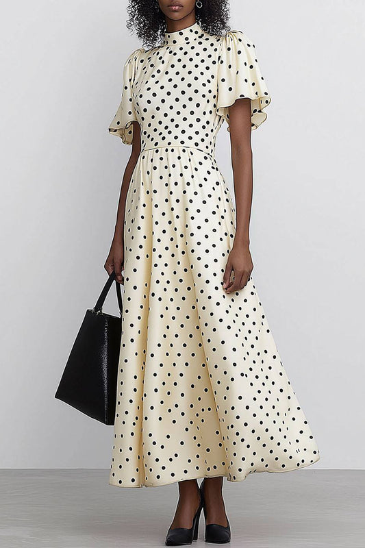 Daily Polka Dot Dress Lotus Leaf Sleeves Midi Neck Collar Maxi Dress