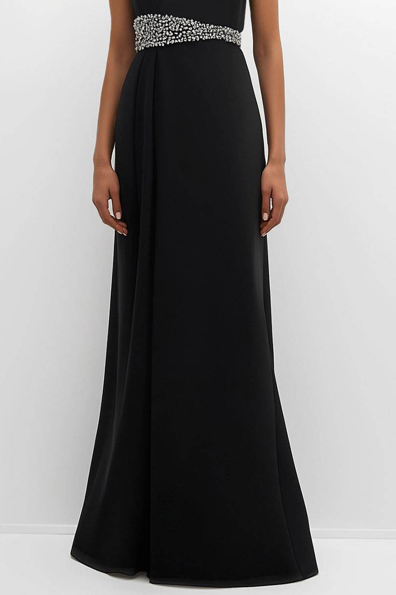 Elegant Black Evening Dress Rhinestone Belt Sleeveless Maxi Dress