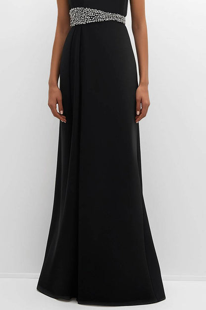 Elegant Black Evening Dress Rhinestone Belt Sleeveless Maxi Dress