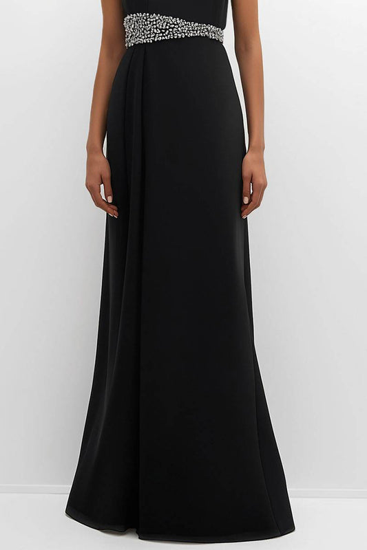 Elegant Black Evening Dress Rhinestone Belt Sleeveless Maxi Dress
