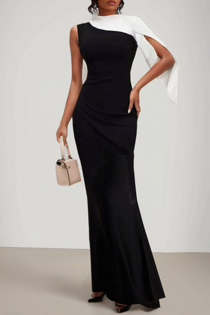 Evening Design Dress Color-Block One-Shoulder Slit Sleeve Waist Pleated Maxi Dress