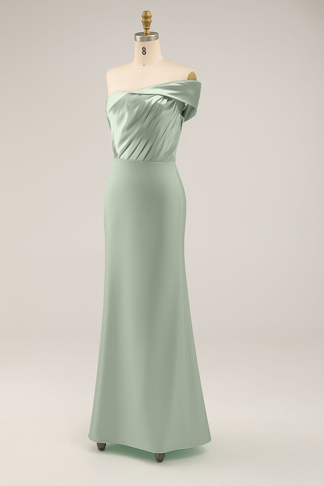 Evening Prom Sage Green Dress One Shoulder Satin Pleated Maxi Dress
