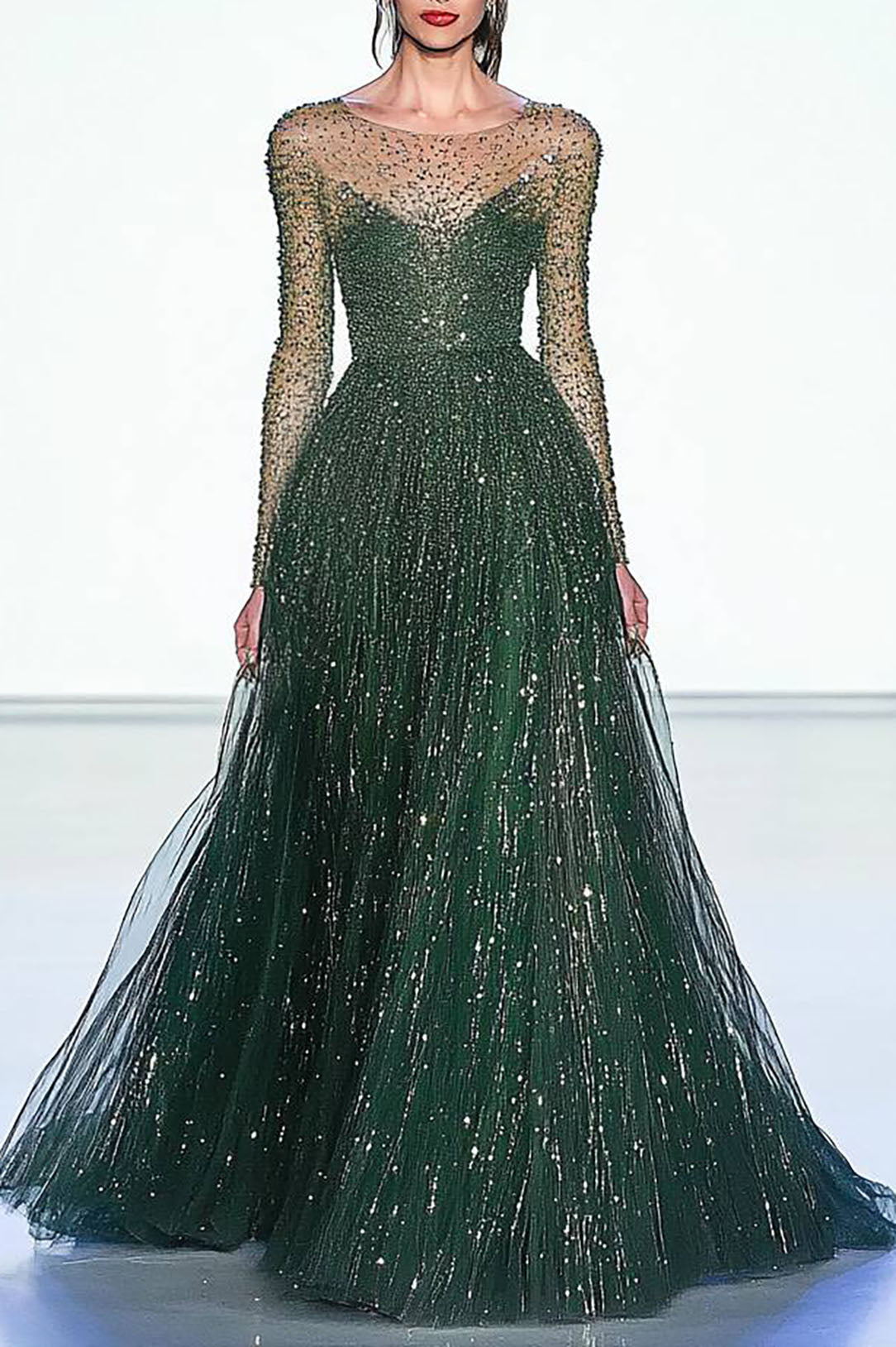 Evening Sequined Mesh Dress Rhinestone Long Sleeve Maxi Dress