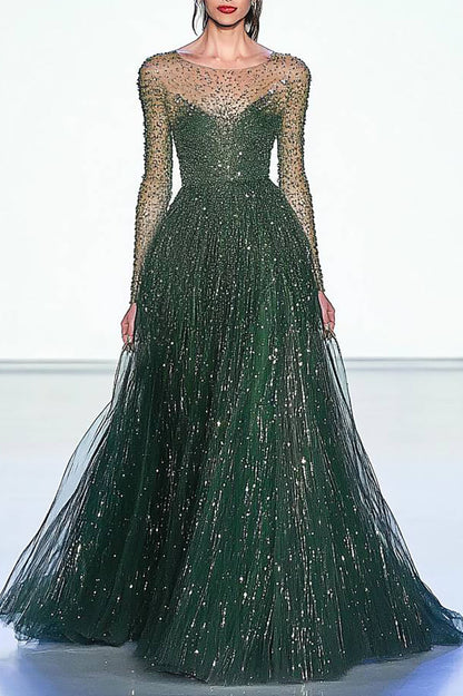 Evening Sequined Mesh Dress Rhinestone Long Sleeve Maxi Dress