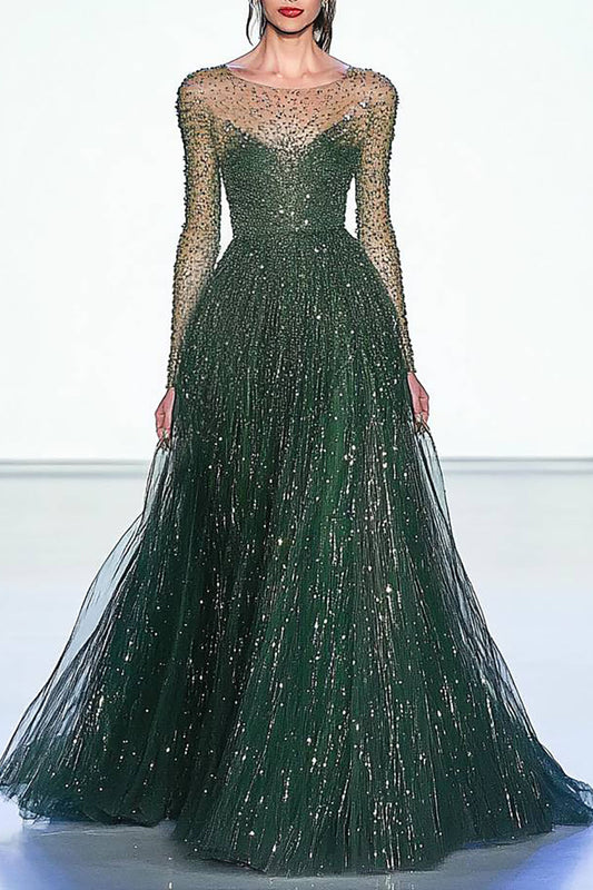 Evening Sequined Mesh Dress Rhinestone Long Sleeve Maxi Dress
