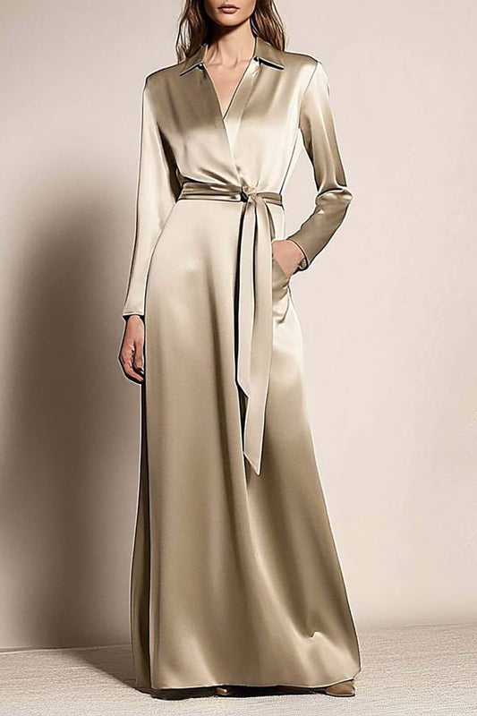 Daily Semi-formal Dress Elegant Satin Shirt V-Neck Long Sleeves Maxi Dress