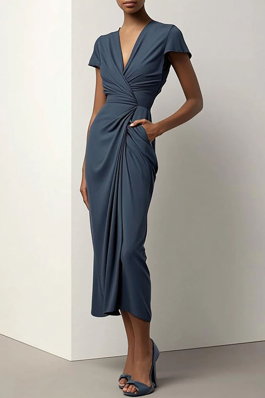 Daily Cocktail Dress V-Neck Short Sleeves, Pleated Design Midi Dress