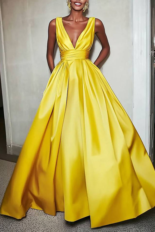Evening Party Dress Strapless Deep V-Neck Ball Gown Maxi Dress