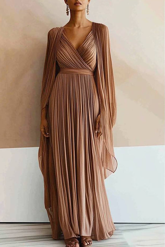 Evening Party Dress Pleated V-Neck Cape Maxi Dress