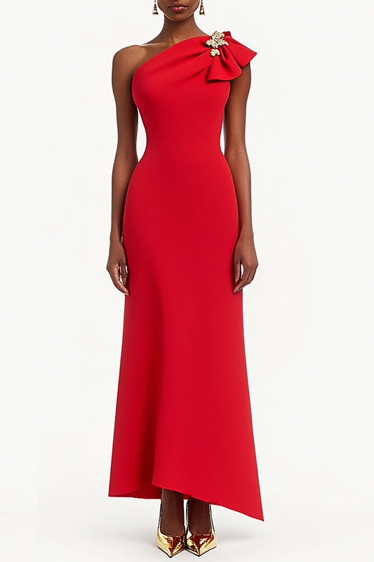 Evening Wedding Dress One-Shoulder Rhinestone Pleated Shoulder Strap Maxi Dress