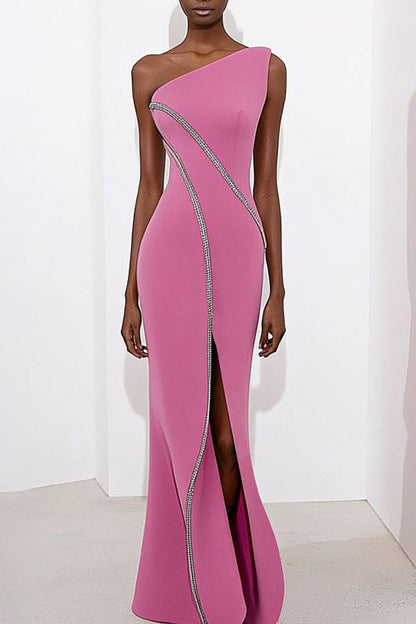 Evening Party Dress One Shoulder lines Decoration High Slit Maxi Dress