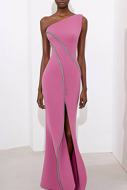 Evening Party Dress One Shoulder lines Decoration High Slit Maxi Dress