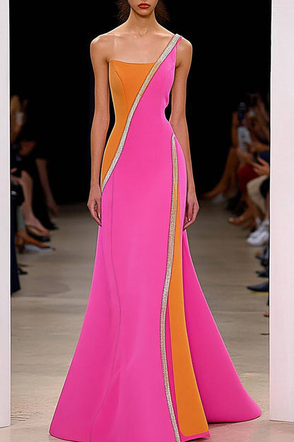 Evening Party Dress One Shoulder lines Decoration Color-Block Mermaid Maxi Dress
