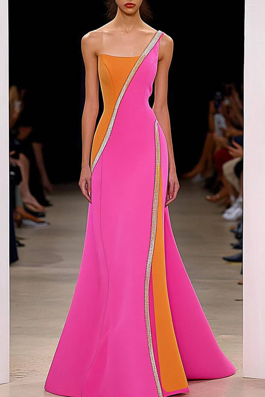 Evening Party Dress One Shoulder lines Decoration Color-Block Mermaid Maxi Dress