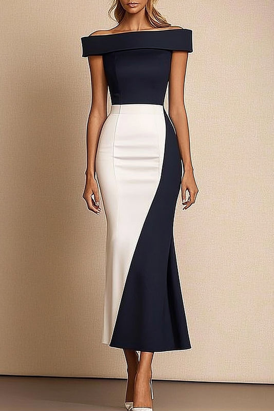 Formal Evening Dress Color-Block Off-Shoulder Slim Midi Dress