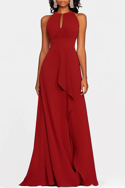 Evening Party Halter Dress Sleeveless Ruffle Draped Maxi Dress