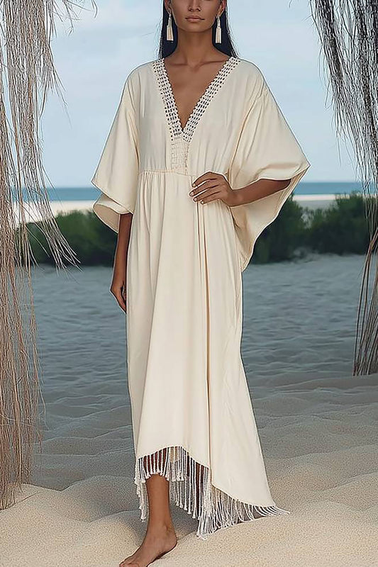 Beach Vacation Dress Beige Deep V Lace Trim Tassel Loose Maxi Dress