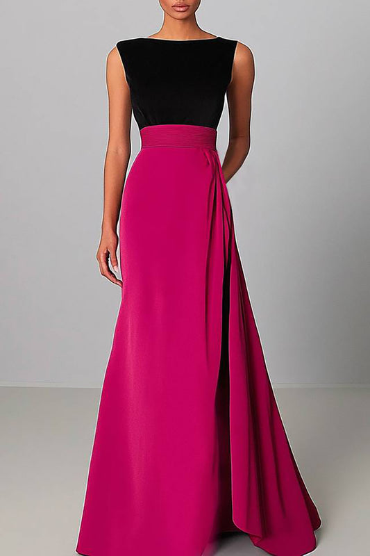 Formal Party Color-Block Dress Sleeveless Asymmetrical Round Neck Maxi Dress