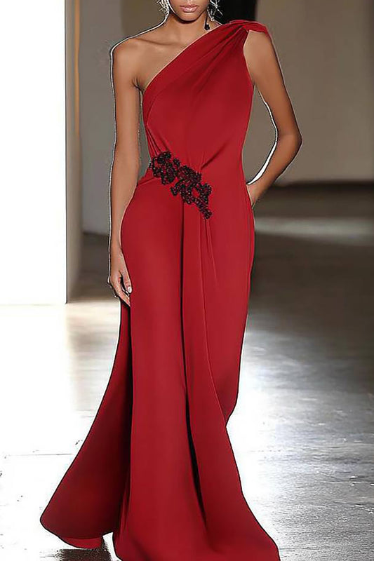 Formal Evening One-Shoulder Waist Decoration Fitted Maxi Dress