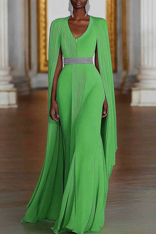 Formal Evening Gown Green V-neck Pleated Cape Rhinestone Belt Floor-length Dress