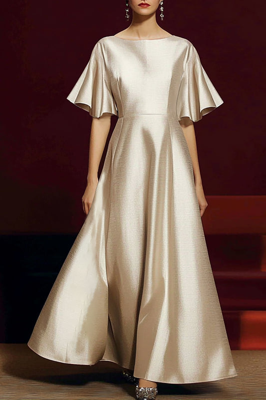 Formal Evening Beige Gown Satin Round Neck Ruffled Sleeve Maxi Dress