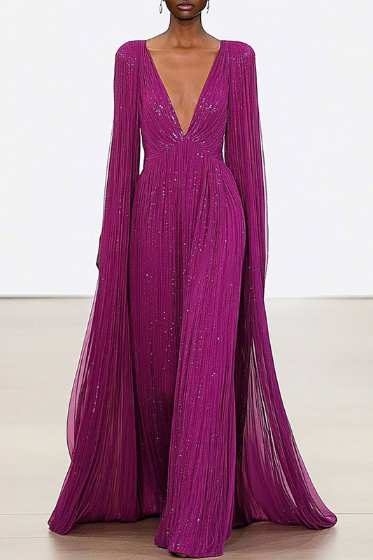 Formal Evening Dress Mesh Deep V Sequin Cape Floor-Length Dress