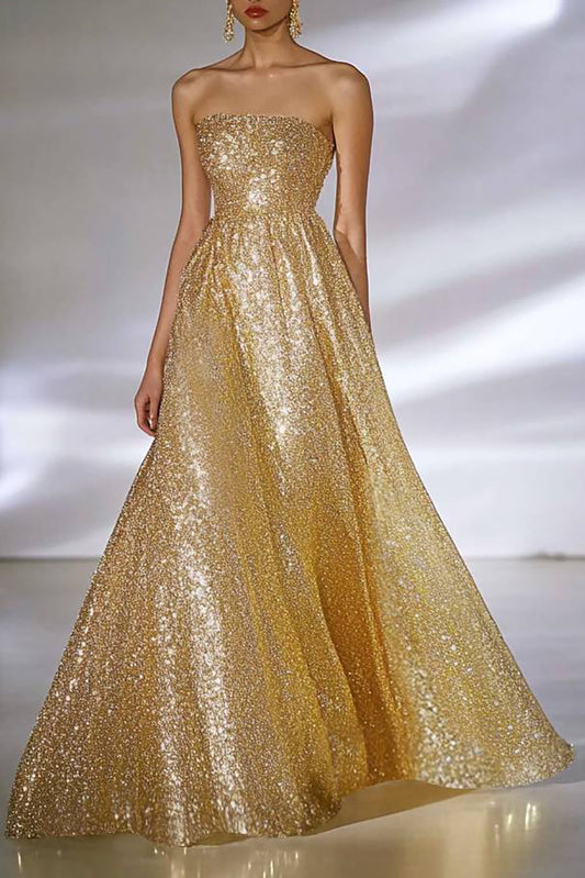 Formal Evening Dress Sequin Strapless Gold Ball Gown Floor-Length Dress