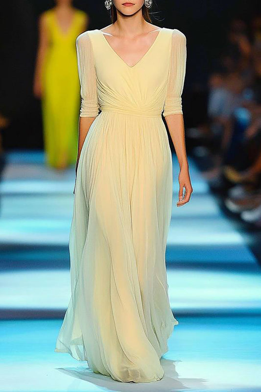 Evening Prom Chiffon Dress Light Yellow V-Neck Half Sleeve Floor-Length Dress