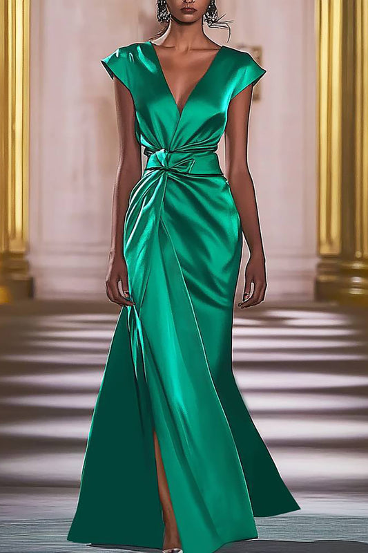 Evening Party Satin Dress Green Deep V-neck Slit Maxi Dress