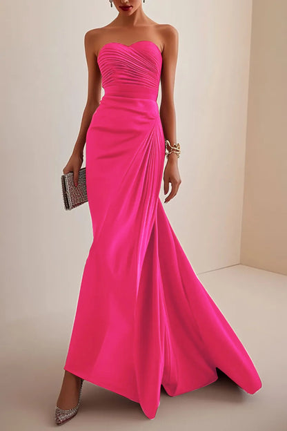 Elegant Formal Red Maxi Prom Dress Strapless Evening Gown