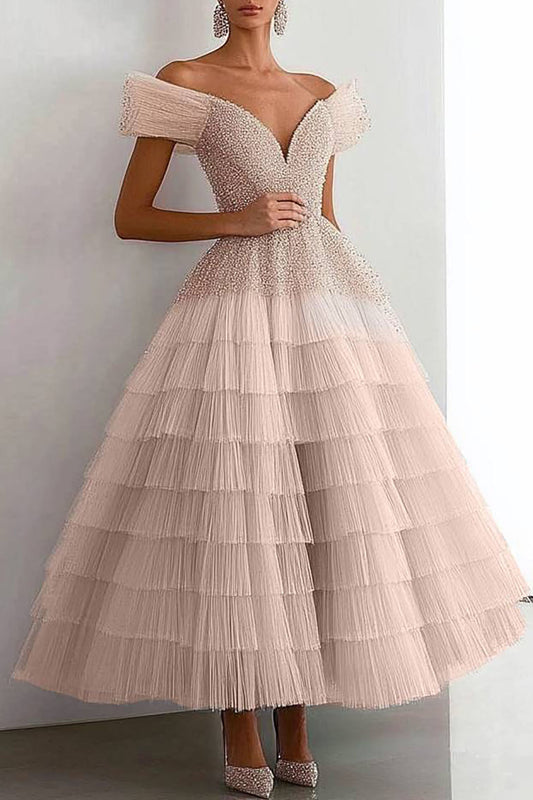 Evening Prom Tiered Dress Off-Shoulder Rhinestone Ruffled Graduation Dress