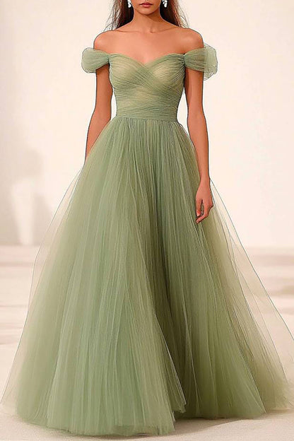 Formal Prom Mesh Dress Sage Green Off-Shoulder Pleated Maxi Dress