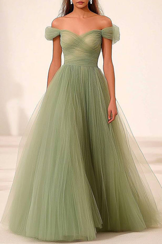 Formal Prom Mesh Dress Sage Green Off-Shoulder Pleated Maxi Dress