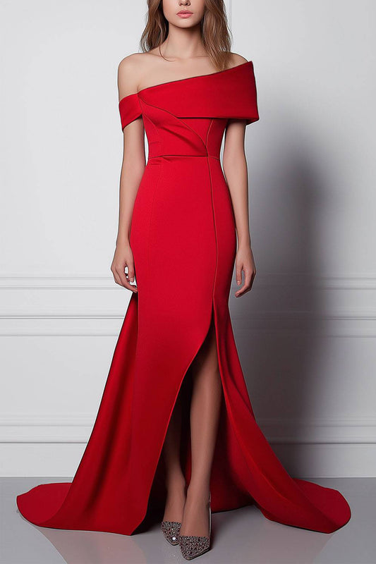 Formal Evening Red Dress One Shoulder Split Floor Length Dress
