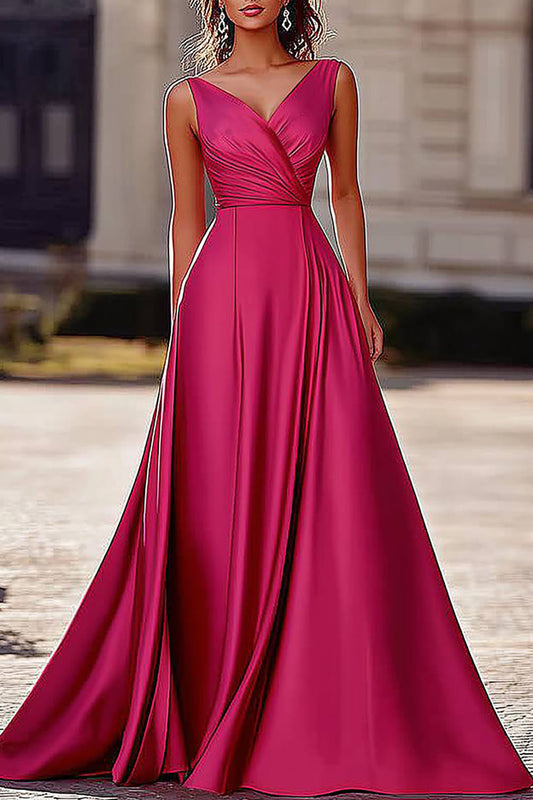Formal Prom Evening Gown Satin Cross Neck Rose Sleeveless Maxi Dress