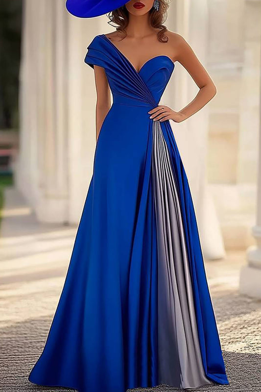 Evening Formal One-Shoulder Dress Pleated Color-block Maxi Dress