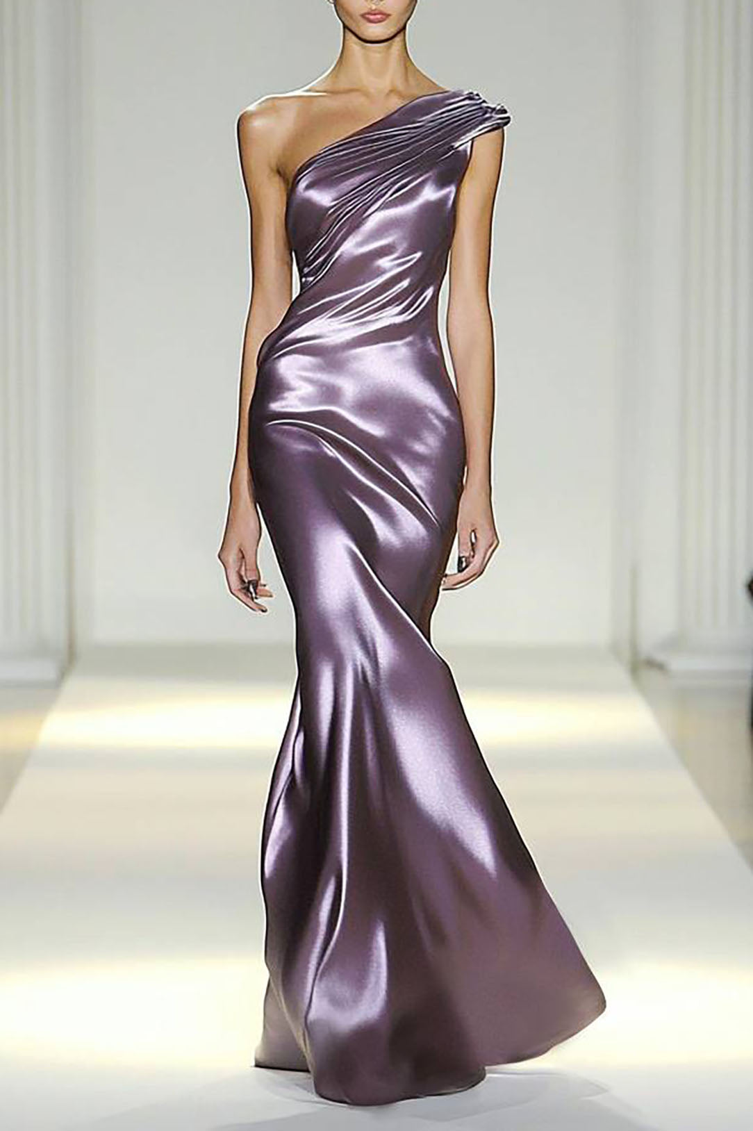 Evening Party Satin Dress Purple One-Shoulder Pleated Maxi Dress