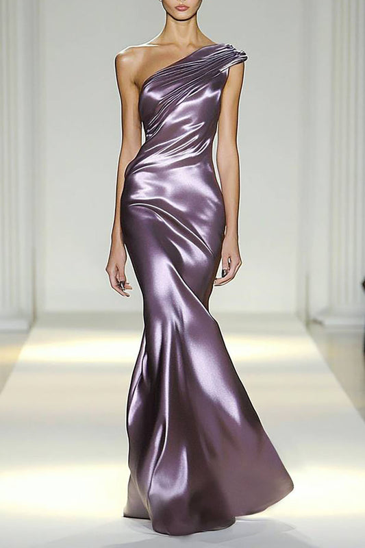 Evening Party Satin Dress Purple One-Shoulder Pleated Maxi Dress