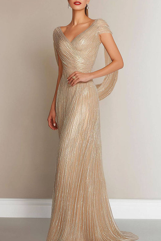 Formal Evening Gold Gown V-Neck Drop Floor-Length Dress