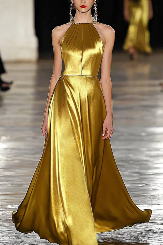 Formal Evening Gold Dress Sleeveless Halter Satin Floor-Length Dress