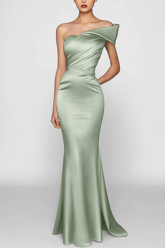 Evening Prom Sage Green Dress One Shoulder Satin Pleated Maxi Dress