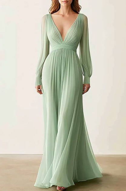 Formal Evening V-Neck Dress Green Long Sleeve Maxi Dress
