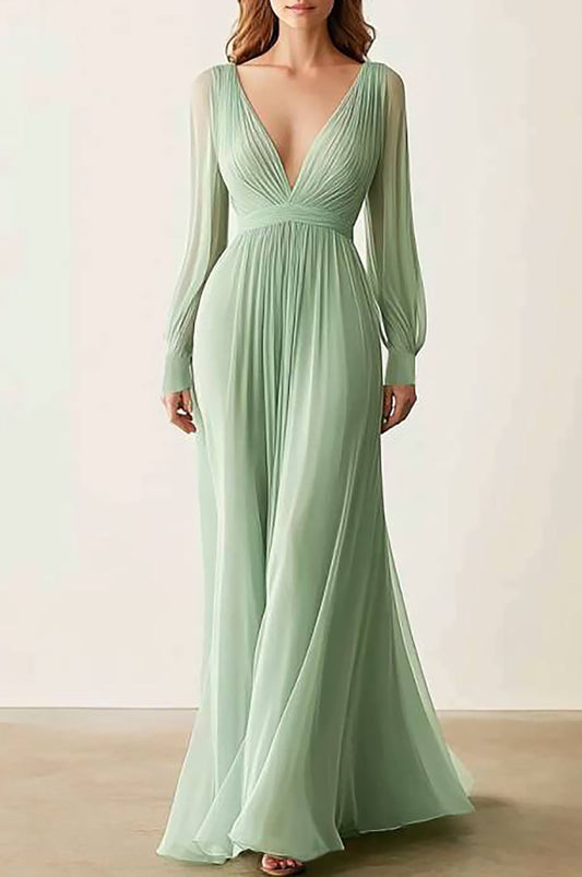 Formal Evening V-Neck Dress Green Long Sleeve Maxi Dress