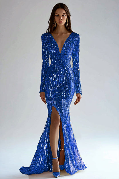 Gold  Dress Sequin High Slit  Long Sleeve Mermaid Maxi Dress
